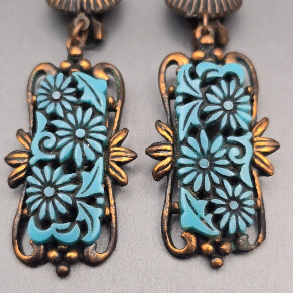 VTG Selro Turquoise Thermoset Floral Design & Copper Clip-On Earrings 2.5" - Picture 2 of 6